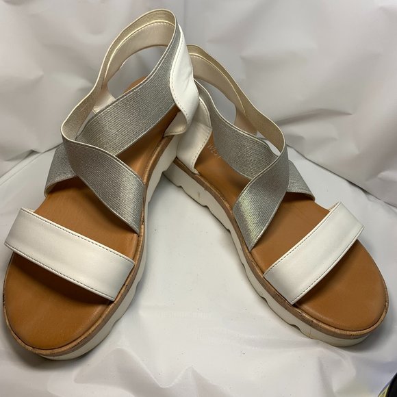 Nine West Platform Sandals. Size 7. Silver & White. Stretch Upper. (545) - Picture 1 of 4